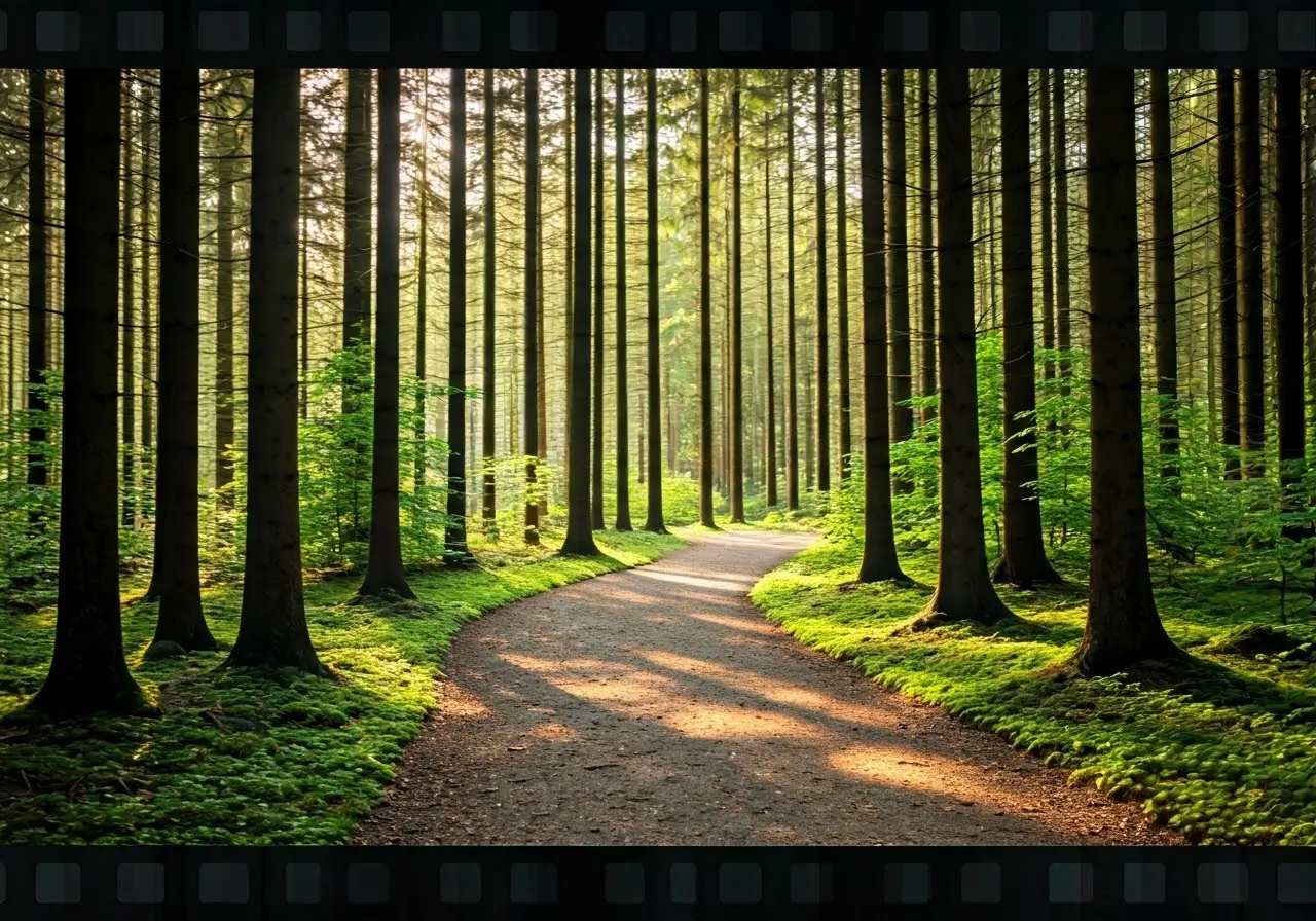 A winding path through a serene, sunlit forest. 35mm stock photo