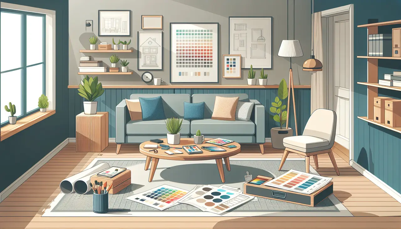 Draw a graphic in flat design style. A cozy, modern living room scene with a paint tray, color swatches, and blueprints on a small wooden coffee table.