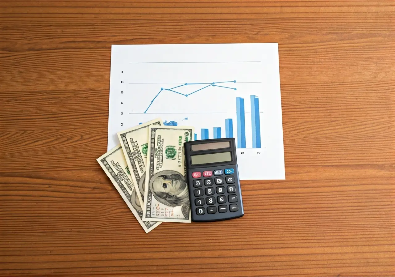 A calculator, graphs, and dollar bills on a wooden desk. 35mm stock photo