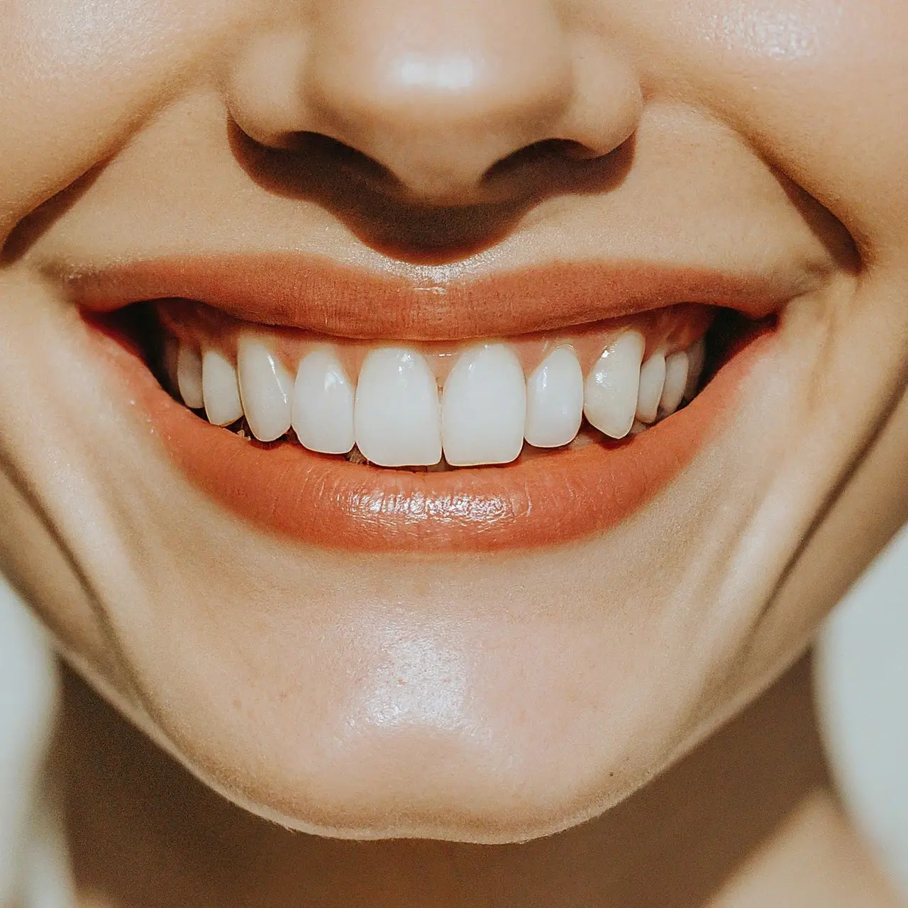 Close-up of a perfect smile with no teeth gaps. 35mm stock photo
