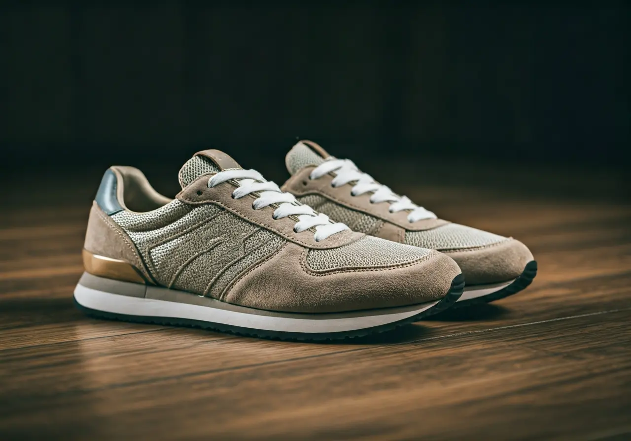 A pair of stylish sneakers on a wooden floor. 35mm stock photo