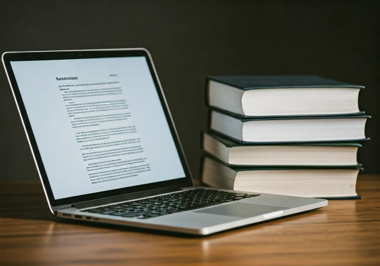 A laptop displaying legal documents beside a stack of books. 35mm stock photo