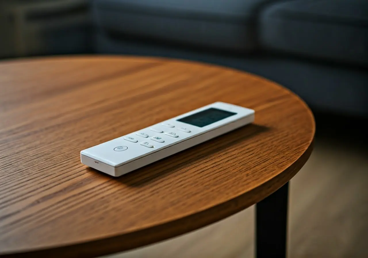 A sleek smart AC remote on a wooden coffee table. 35mm stock photo