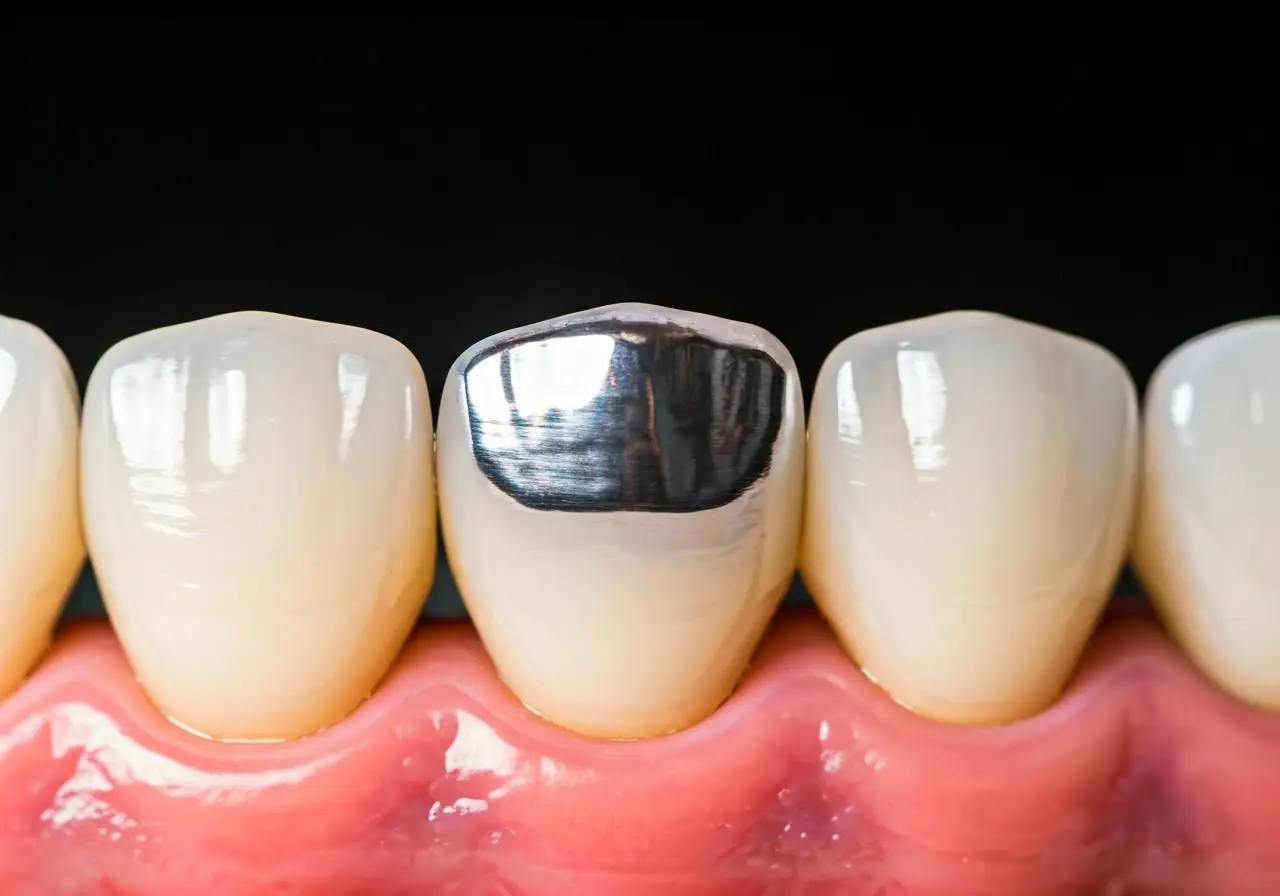 A close-up of a shiny dental crown on a tooth. 35mm stock photo