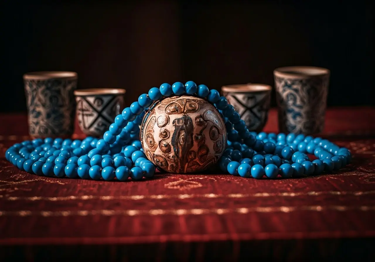 Ceremonial altar with blue beads and traditional religious symbols. 35mm stock photo