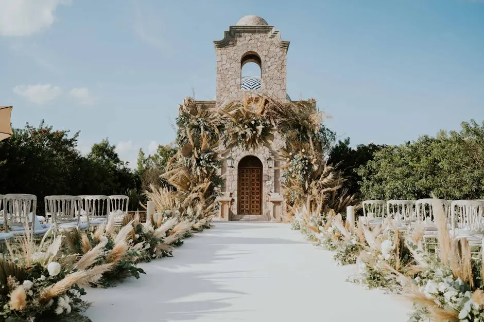 Beautiful outdoor wedding aisle with floral decorations leading to a stone building under a clear sky.
