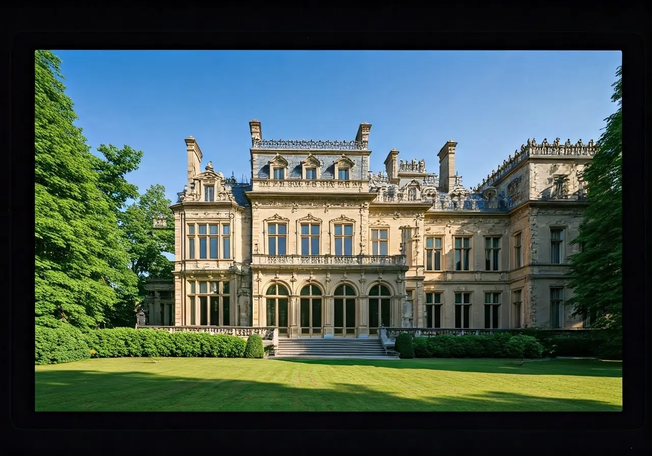 A grand, historic mansion with intricate architectural details. 35mm stock photo