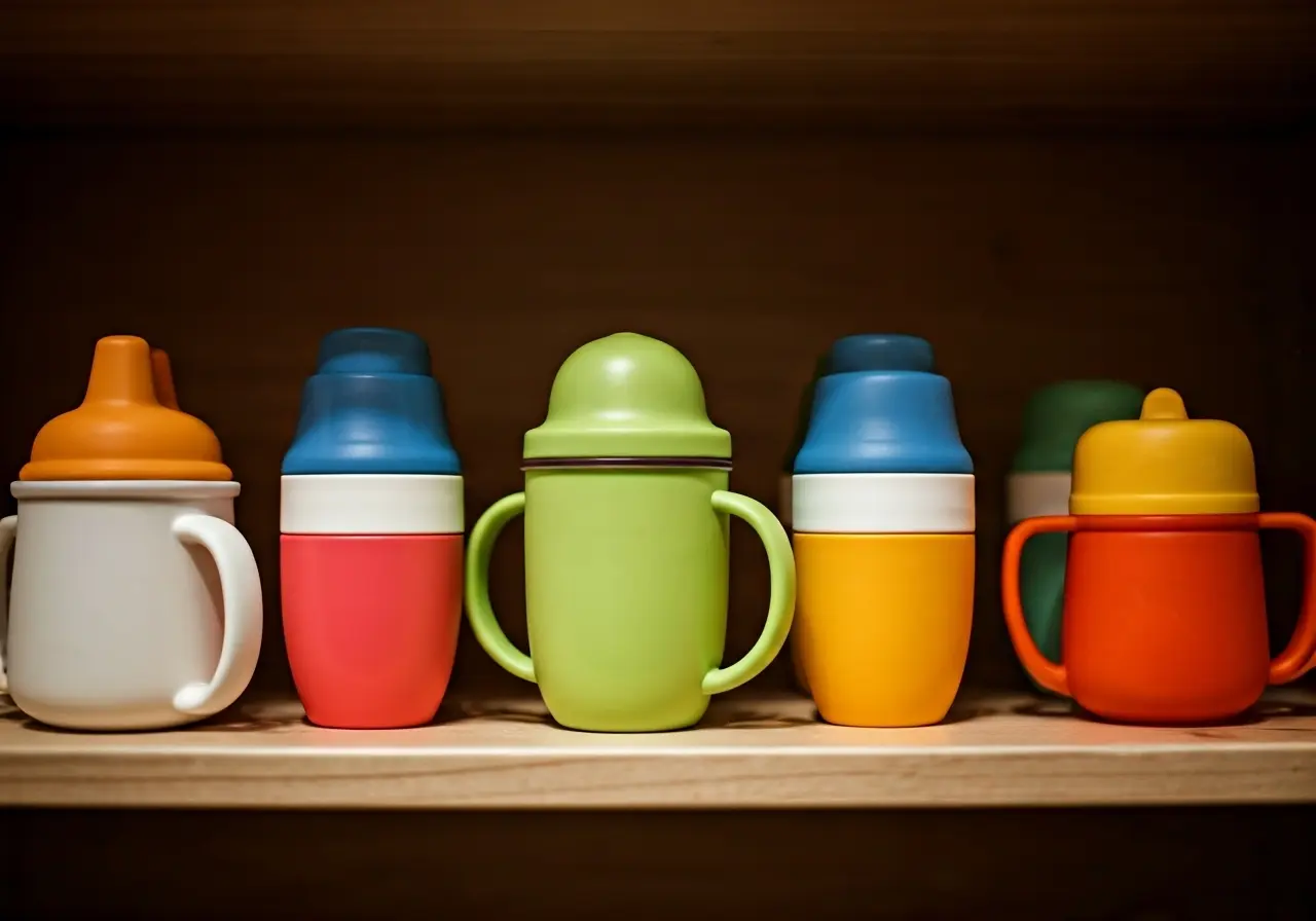 A variety of colorful baby cups displayed on a shelf. 35mm stock photo
