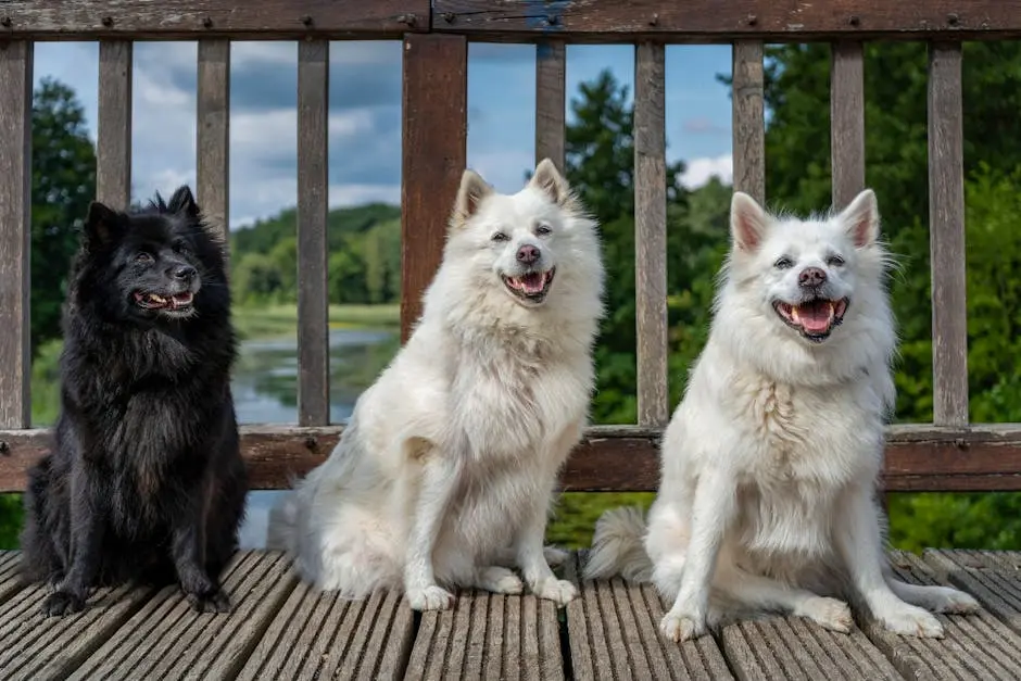 Three fluffy dogs, including a black and two white ones, sitting relaxingly on a wooden bridge with greenery in the background.