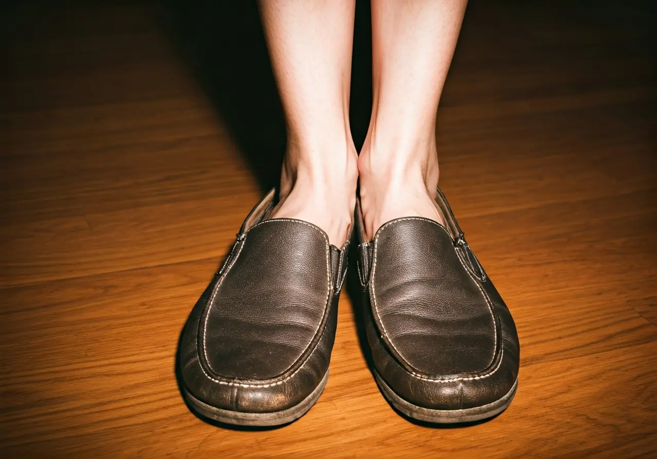 A pair of casual barefoot shoes on a wooden floor. 35mm stock photo