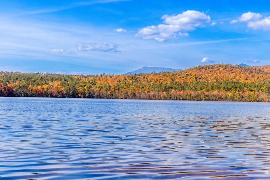 Peaceful autumn view of a lake in Lincoln, NH, surrounded by vibrant fall foliage and clear blue skies.