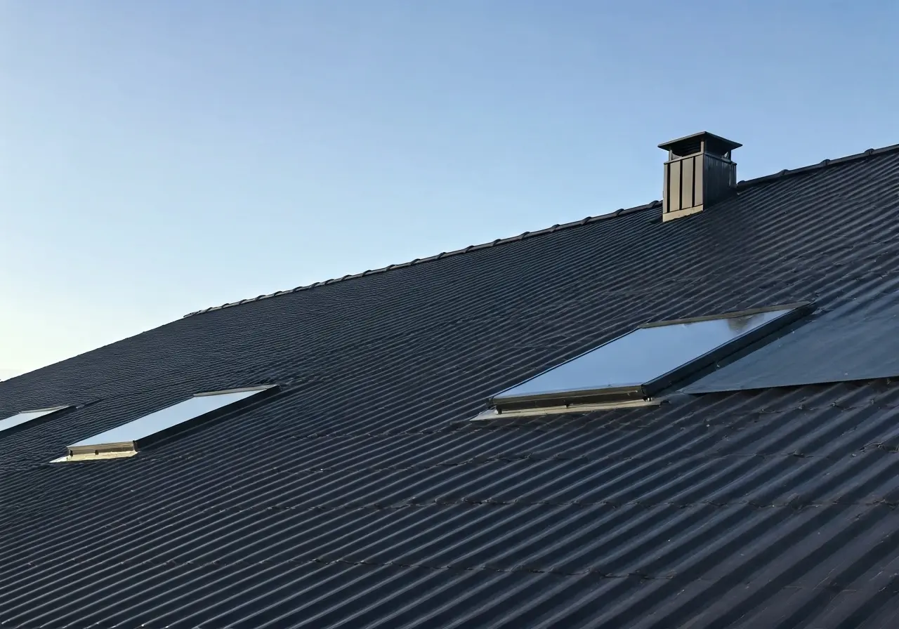 A rooftop with sleek, modern solar-integrated roof shingles. 35mm stock photo