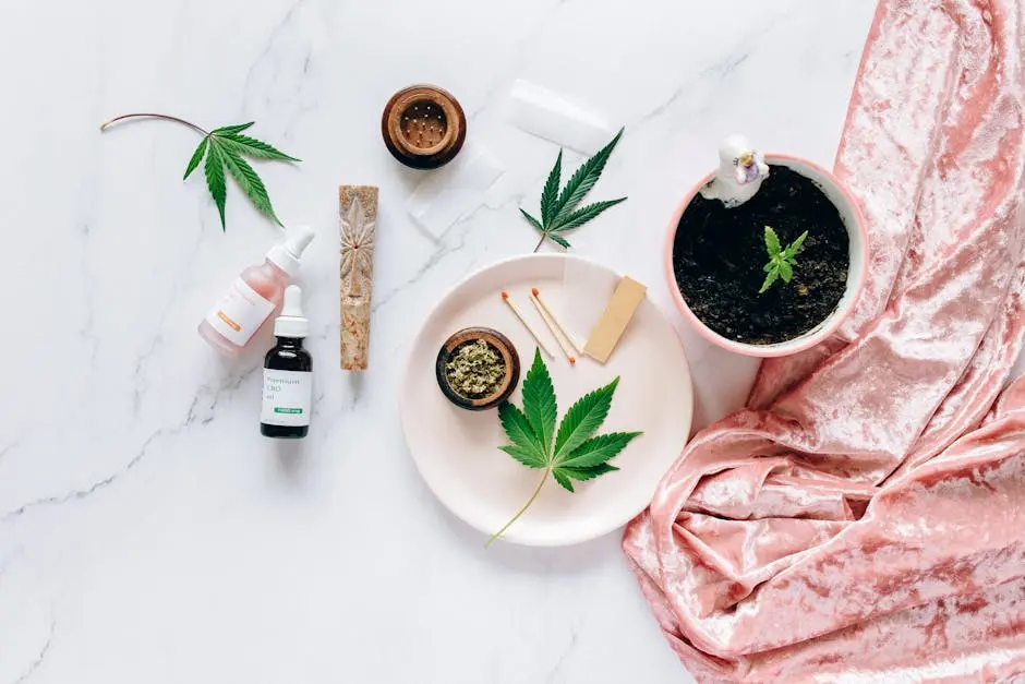 Flat lay of cannabis leaves, CBD oils, and accessories on marble surface.