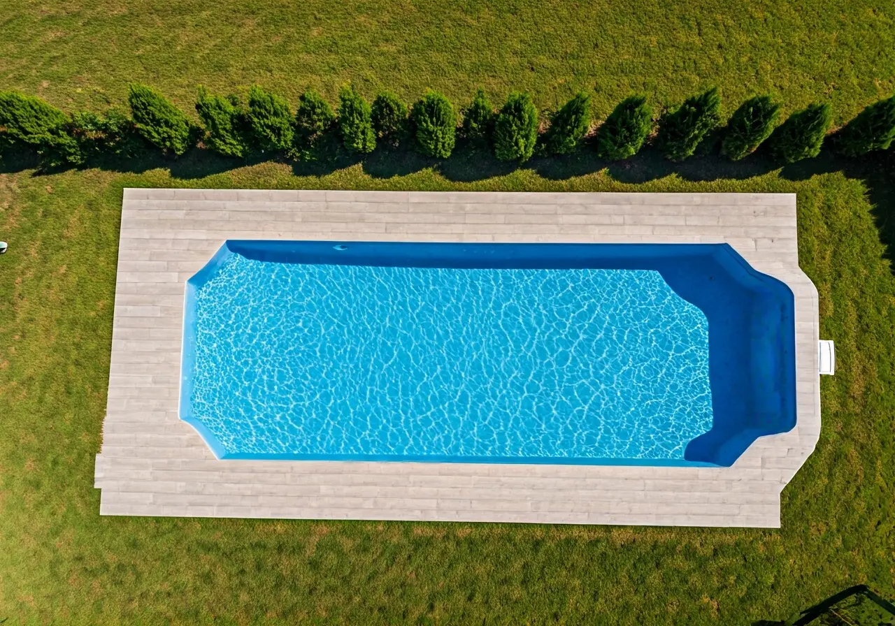 Aerial view of a modern fiberglass pool in a backyard. 35mm stock photo