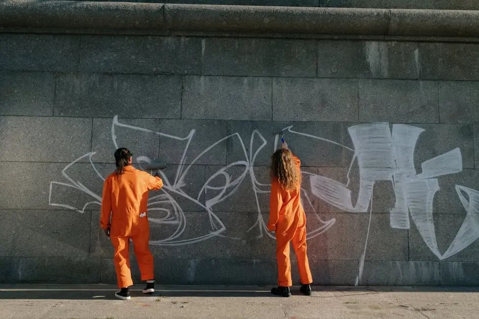 Two community service workers in orange uniforms remove graffiti from a concrete wall outdoors.