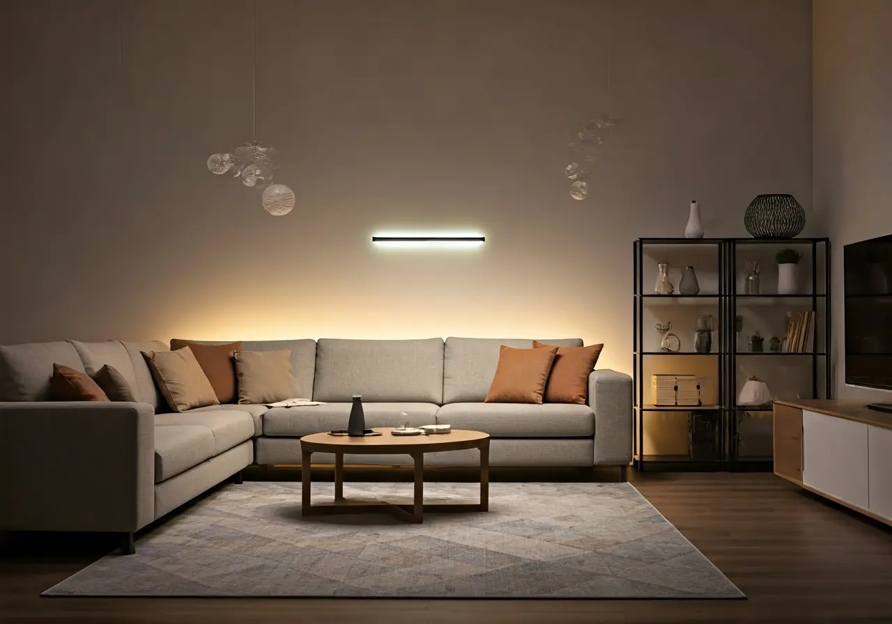 A modern living room illuminated by smart, automated lighting. 35mm stock photo