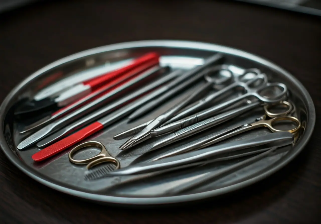 A collection of colorful cosmetic surgery tools on a tray. 35mm stock photo