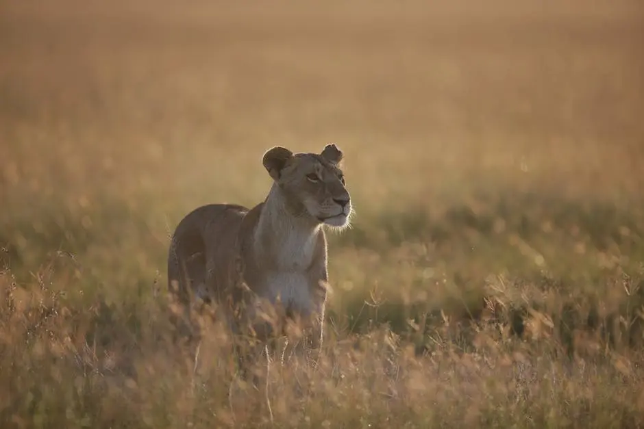 A solitary lioness stands alert in the grasslands, illuminated by the warm sunrise, capturing a moment of wildlife vigilance.