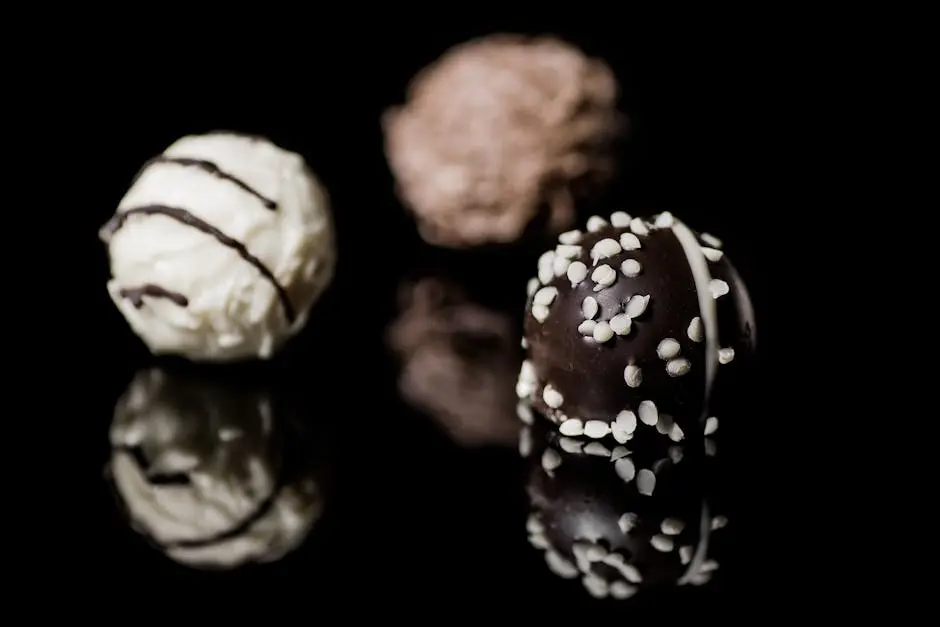 Close-up of assorted chocolate truffles with sprinkles on a reflective black surface, showcasing gourmet dessert artistry.