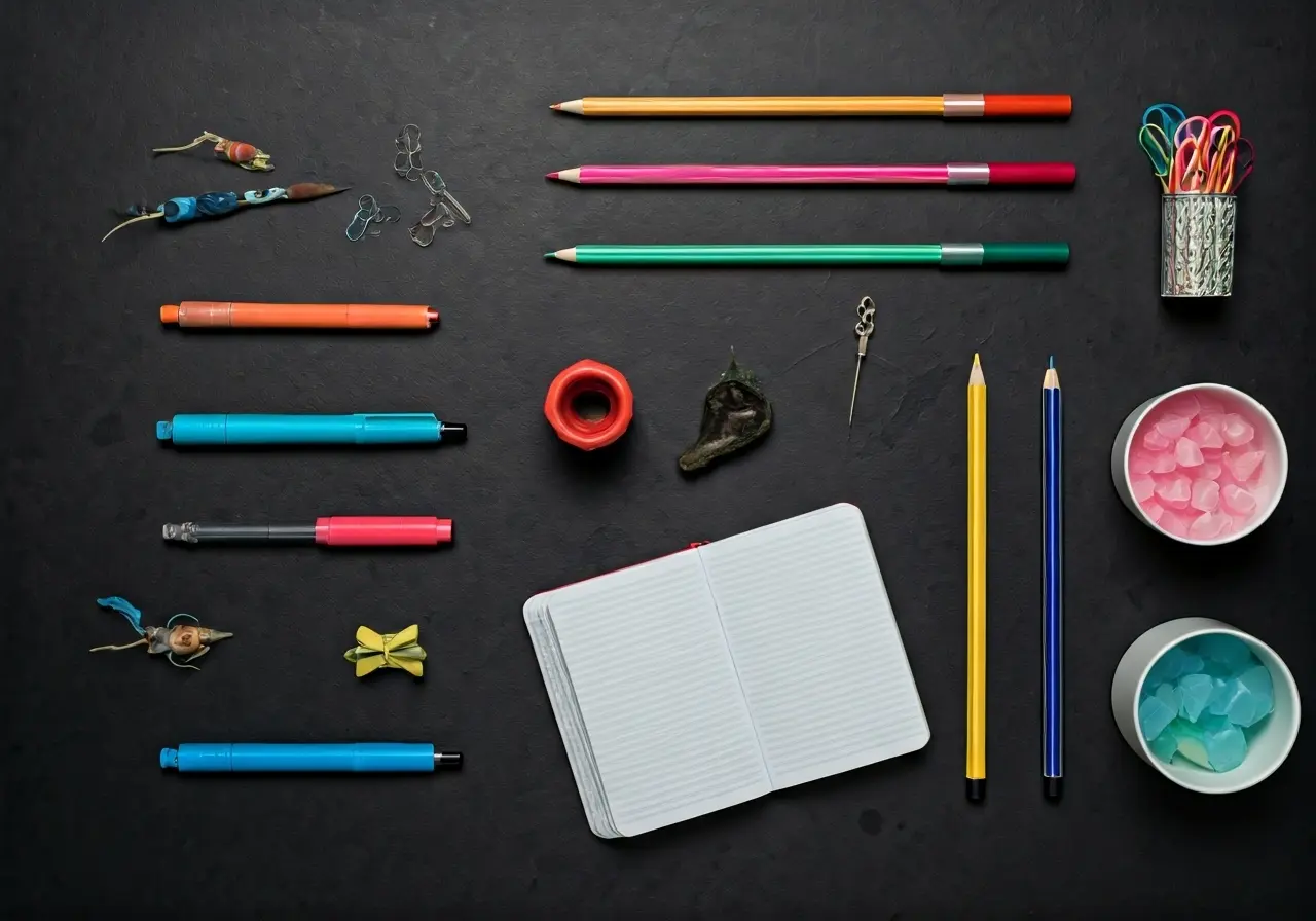 A beautifully arranged flat lay of colorful stationery supplies. 35mm stock photo