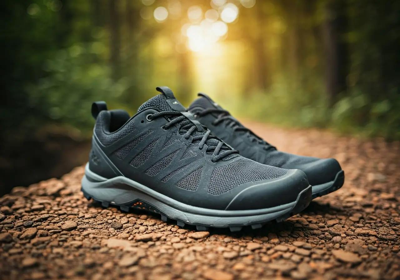 A pair of zero drop hiking shoes on rocky trail. 35mm stock photo