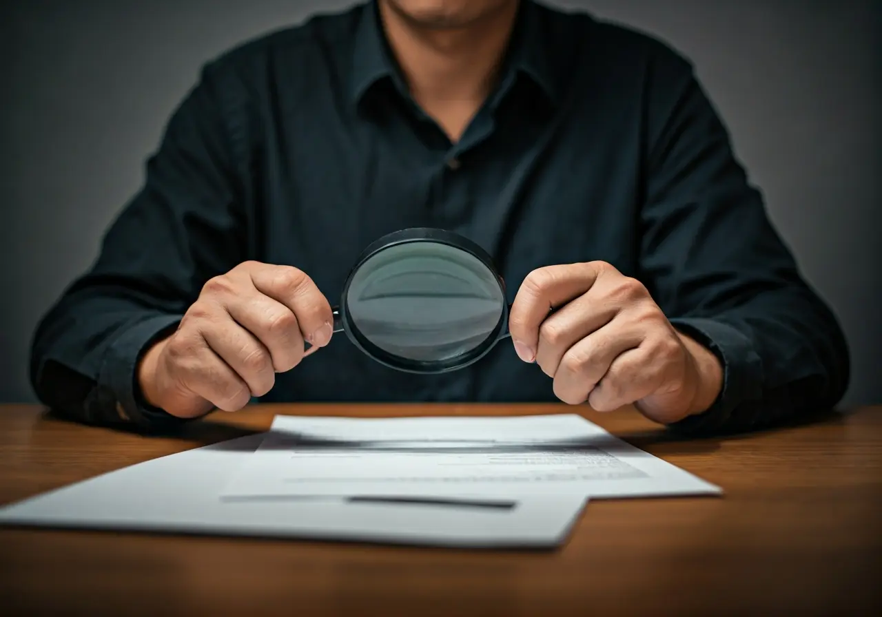 A person analyzing documents with a magnifying glass. 35mm stock photo