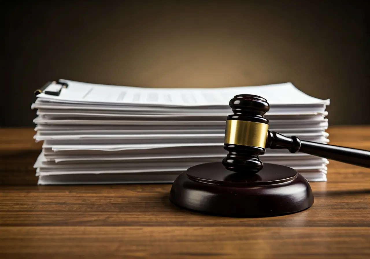 A gavel beside a stack of legal documents. 35mm stock photo