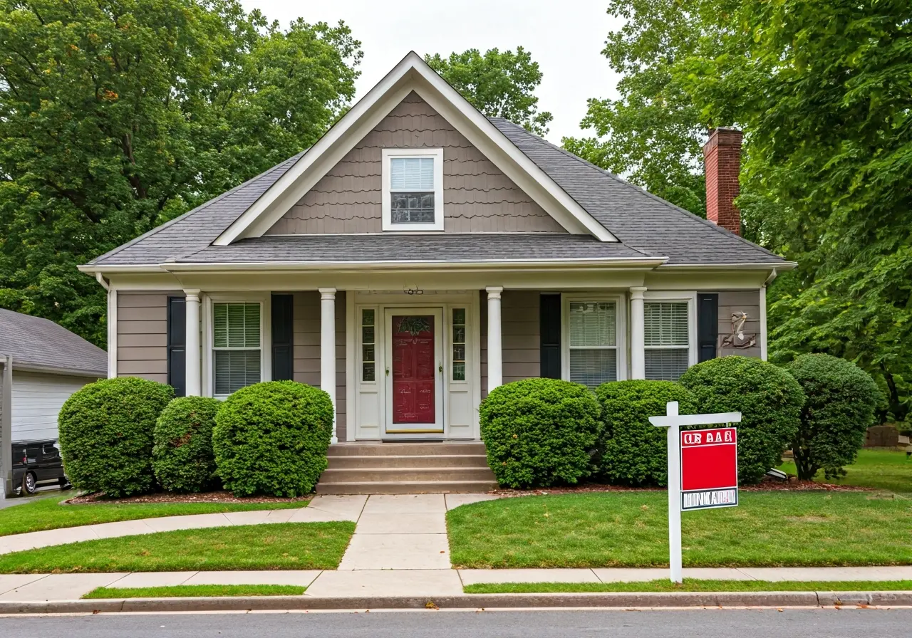 A cozy home with a For Sale sign in front. 35mm stock photo