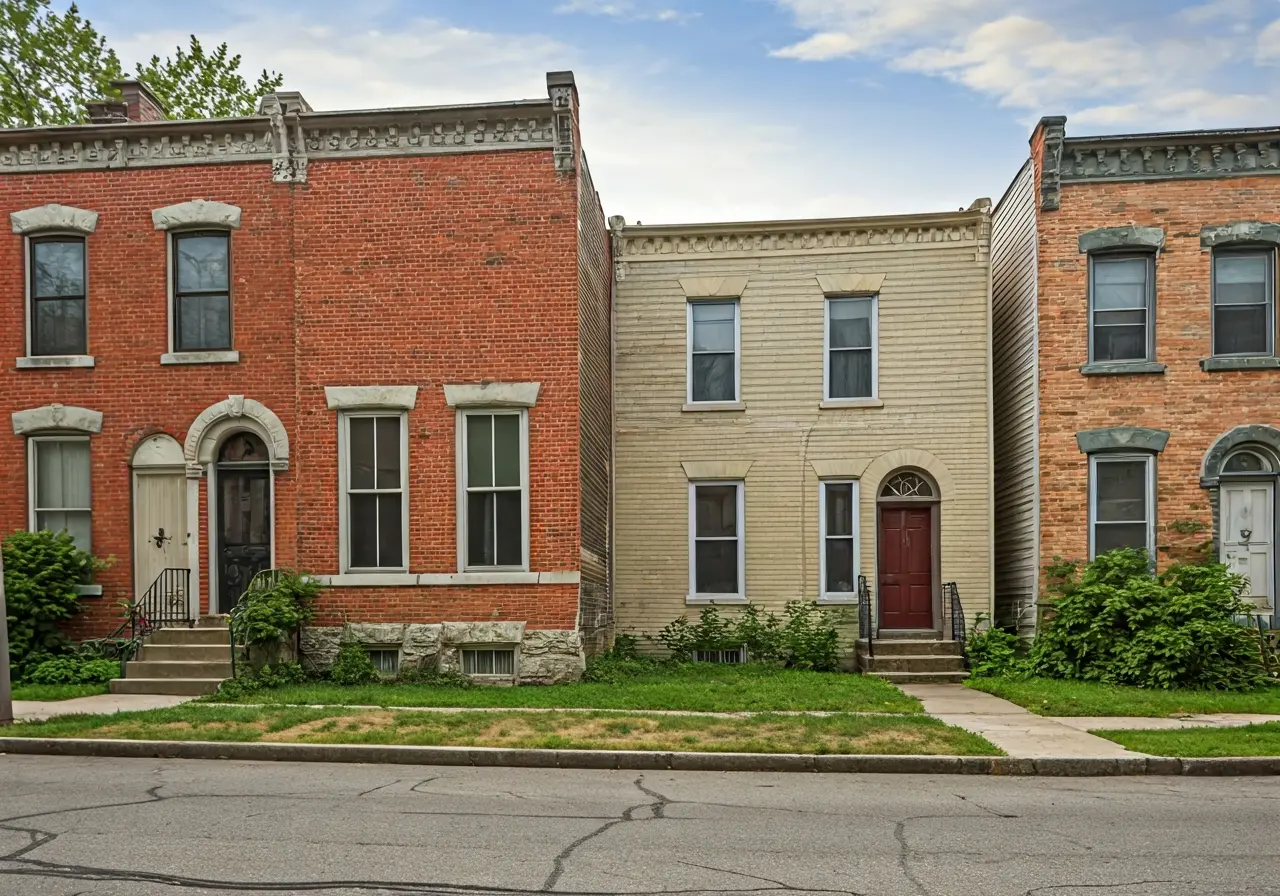 A charming, old row house in need of renovation. 35mm stock photo