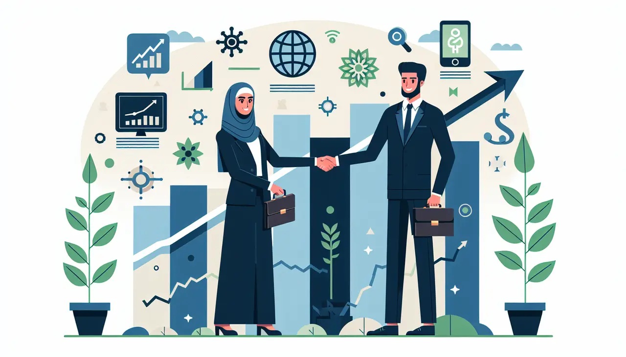 Draw a graphic in flat design style. An illustration of two diverse professionals shaking hands in front of a large, upward-trending graph with icons of growth and technology around them.
