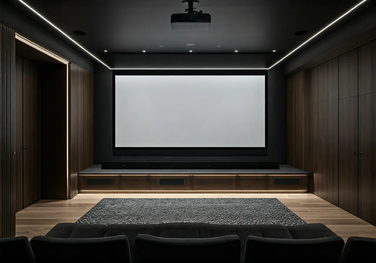 A sleek home theater setup with a large projector screen. 35mm stock photo