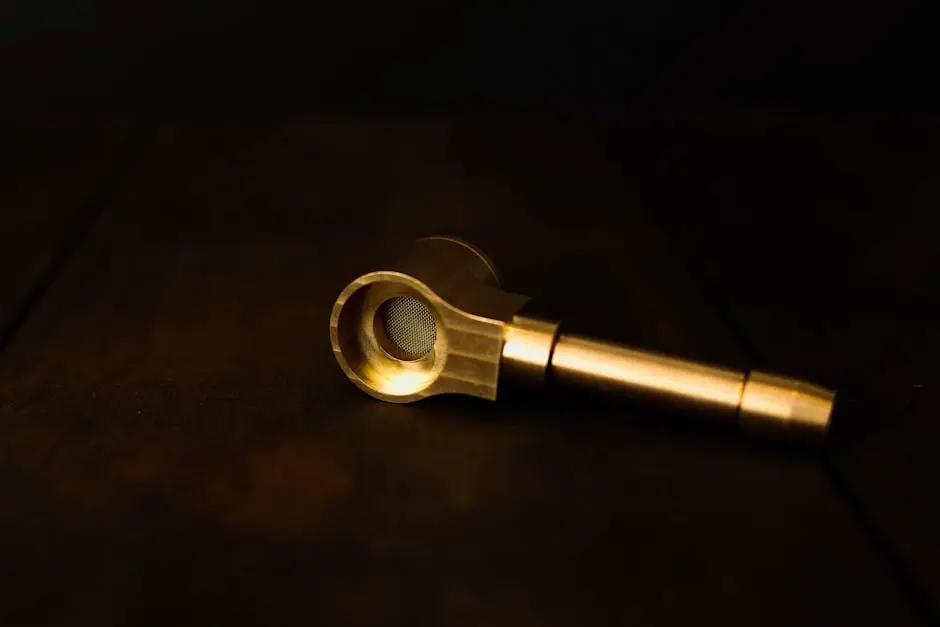 Close-up of a golden metal pipe on a dark wooden surface, showcasing intricate craftsmanship.
