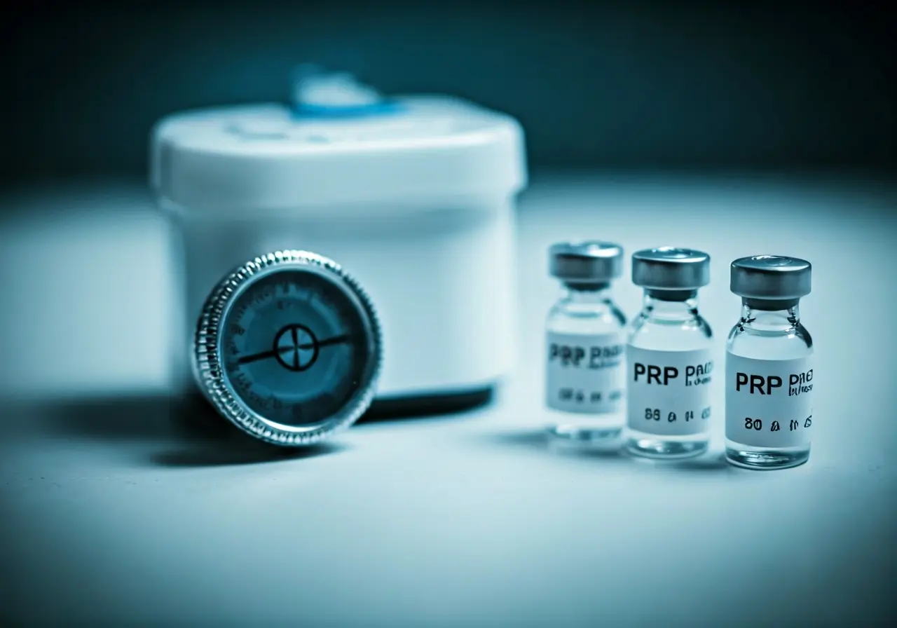 Vials of PRP solutions next to a droplet timer. 35mm stock photo