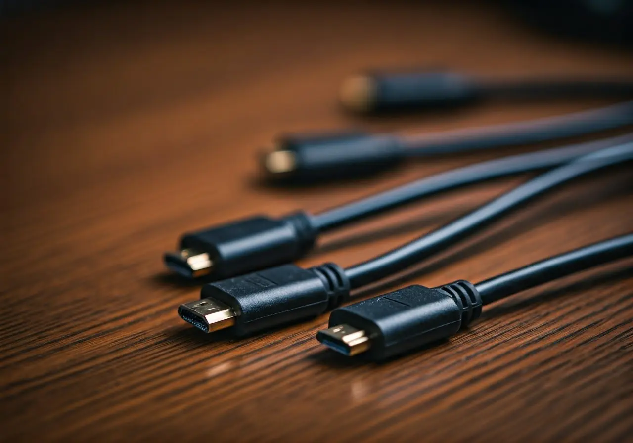 A close-up of HDMI cables on a modern conference table. 35mm stock photo