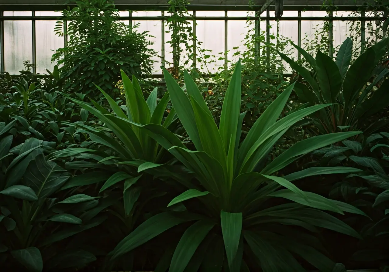 Lush green plants growing inside a modern greenhouse. 35mm stock photo