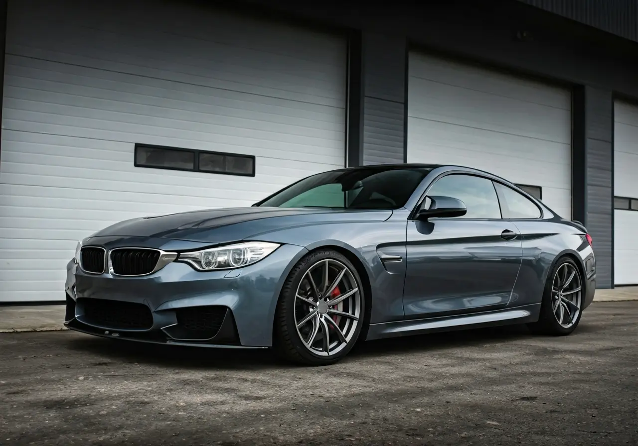 A shiny, freshly detailed car parked in front of a garage. 35mm stock photo