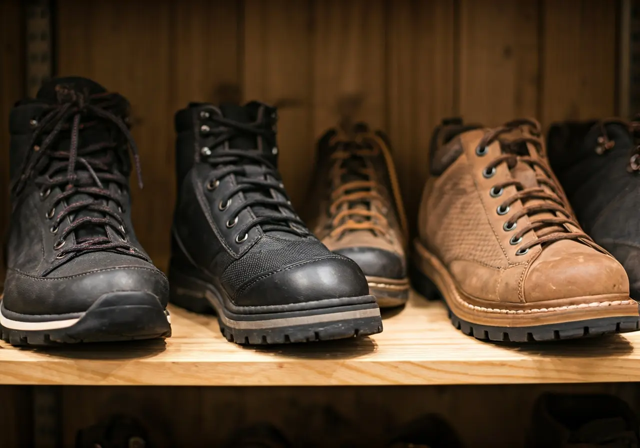 A variety of outdoor shoes displayed on a wooden shelf. 35mm stock photo