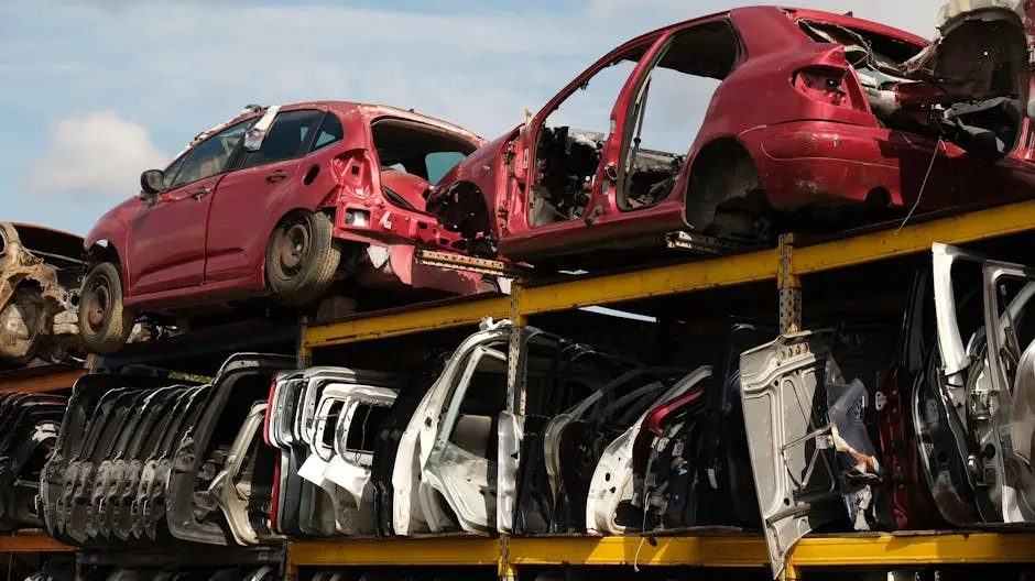 A collection of stacked abandoned car shells in an outdoor junkyard on a sunny day.