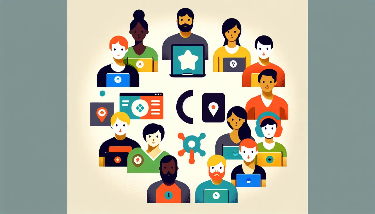 Draw a graphic in flat design style. A minimalist flat design illustration of a diverse group of developers, each holding an icon representing a different skill, surrounding a startup logo at the center.