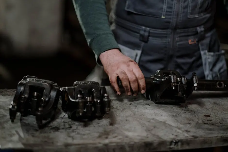 Mechanic in workshop handling greasy metal parts on workbench, depicting repair process.
