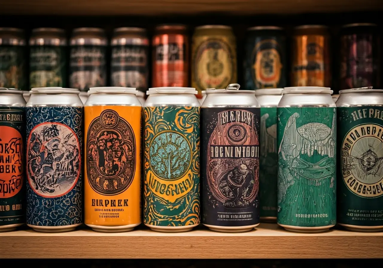 An assortment of colorful craft beer cans on a shelf. 35mm stock photo