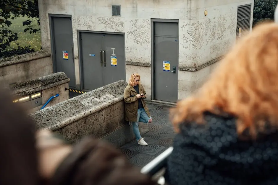 Casual urban scene of woman using phone near stone wall in London.