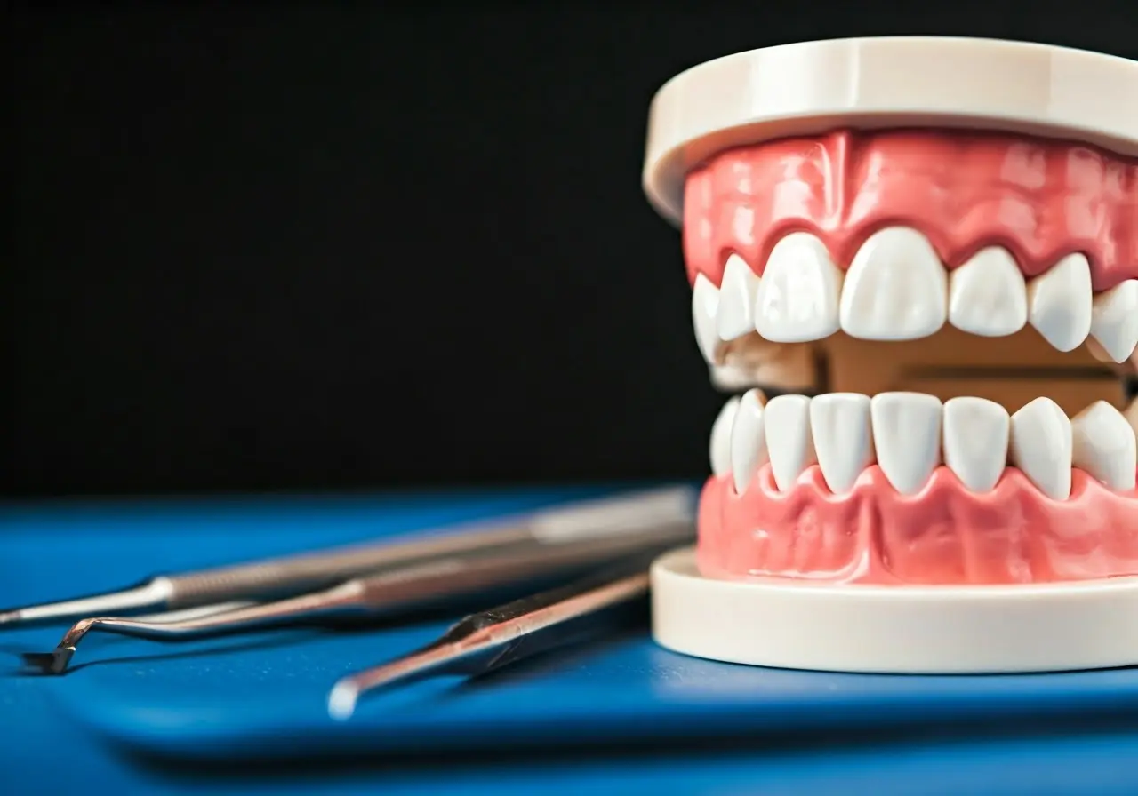 A close-up of dental tools beside a tooth model. 35mm stock photo