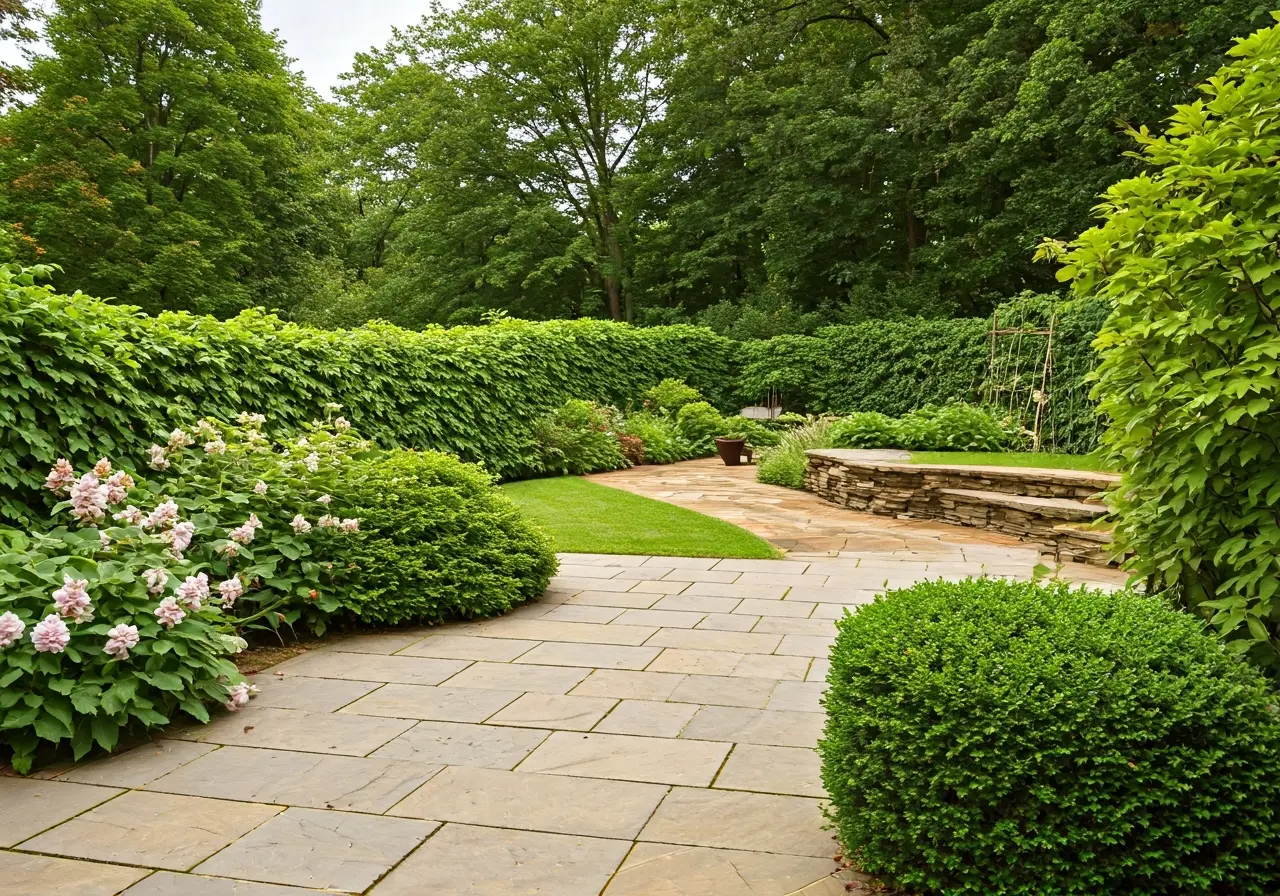 A beautifully landscaped garden with a stone-paved patio. 35mm stock photo