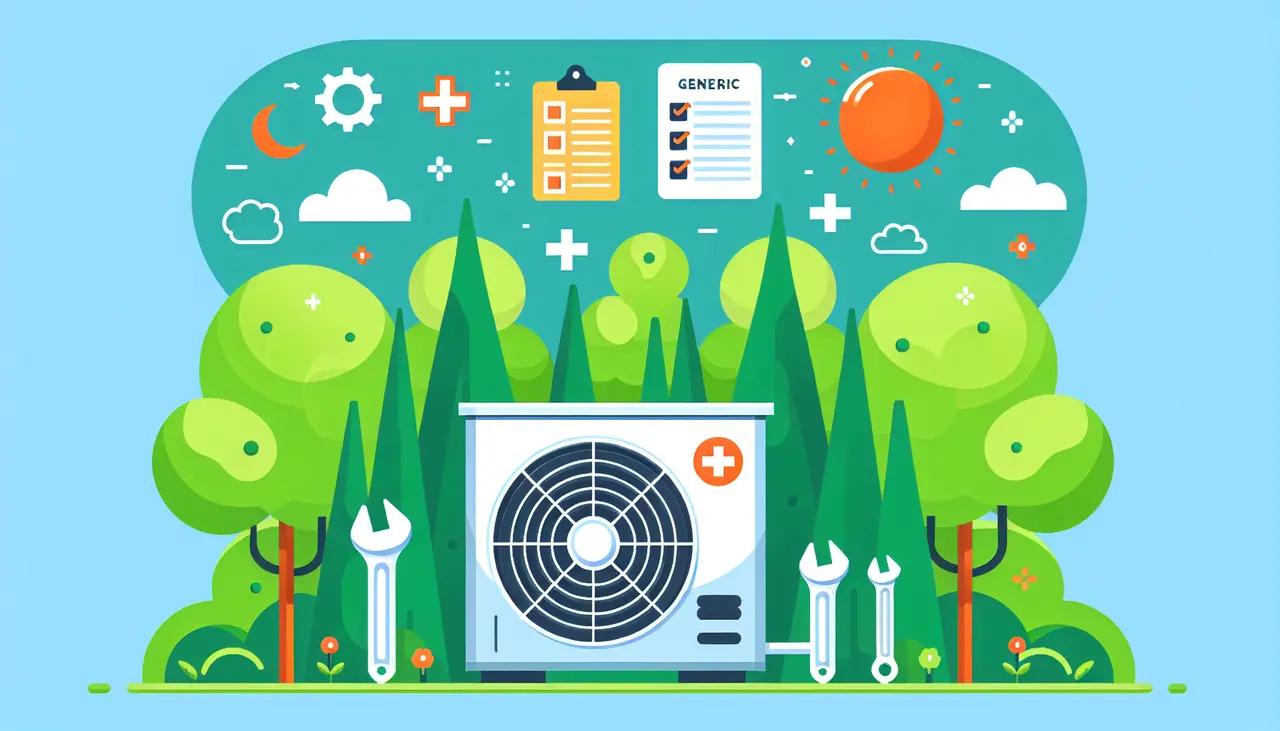 Draw a graphic in flat design style. An illustration of a Trane HVAC unit surrounded by green trees and clear skies, symbolizing Georgia’s climate, with a few icons representing maintenance tools like a wrench and a checklist.