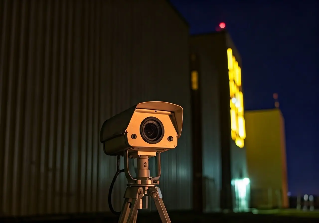 A thermal camera positioned near a high-security facility at night. 35mm stock photo