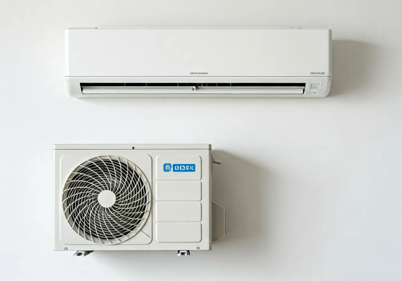 A clean mini split air conditioner against a plain wall. 35mm stock photo