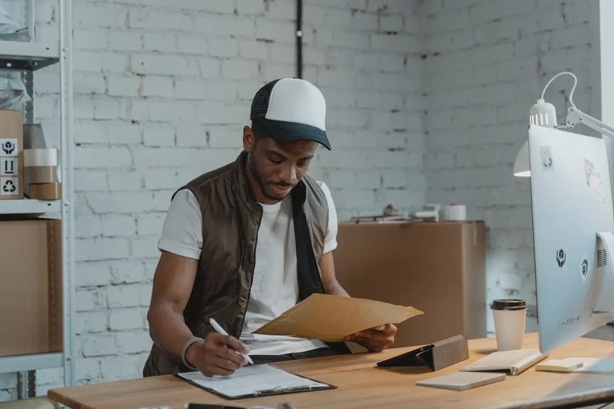 Man working at desk in office, preparing packages for shipping. Professional workspace.