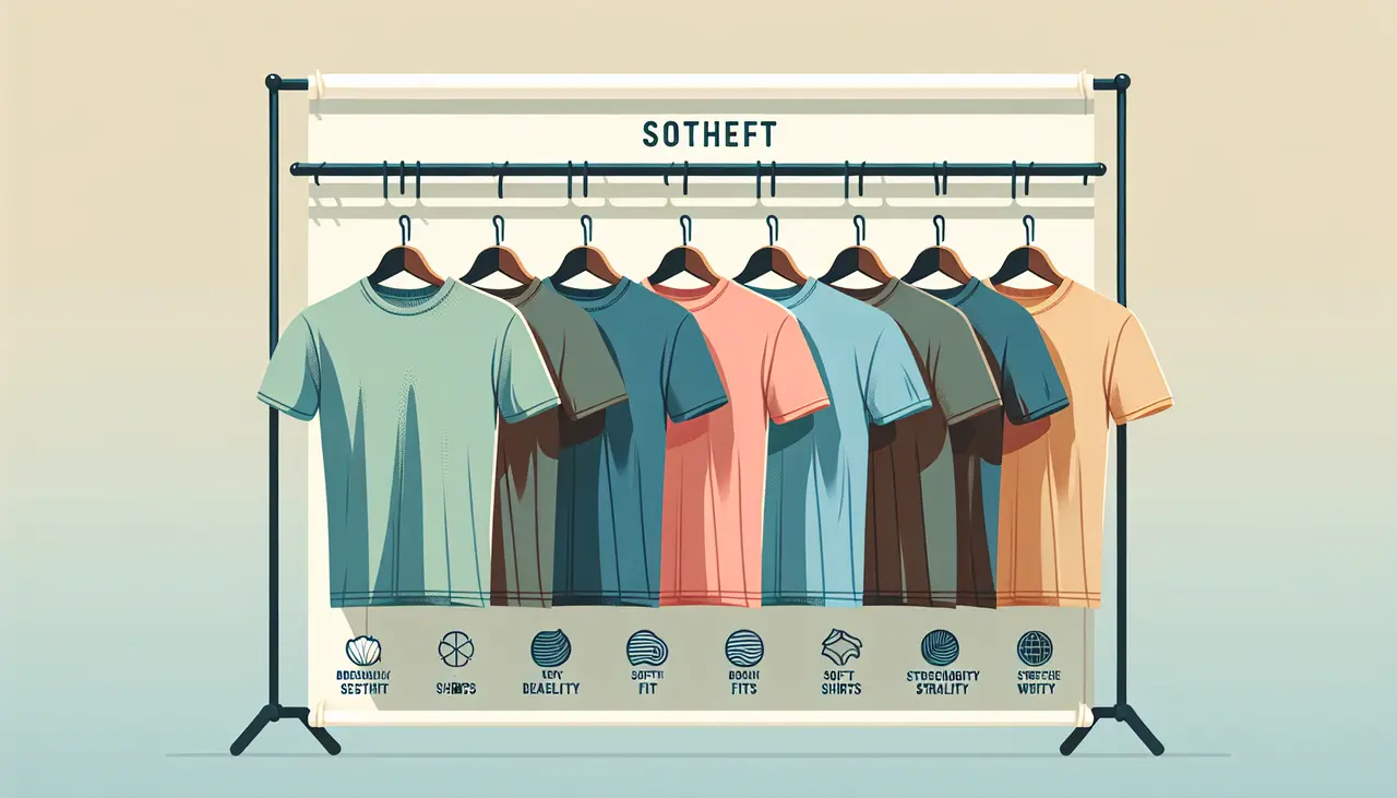 Draw a graphic in flat design style. A flat design image depicting a variety of men’s t-shirts hanging on a minimalist rack, showcasing different soft fabrics and relaxed fits, with subtle labels indicating features like breathability and stretch.