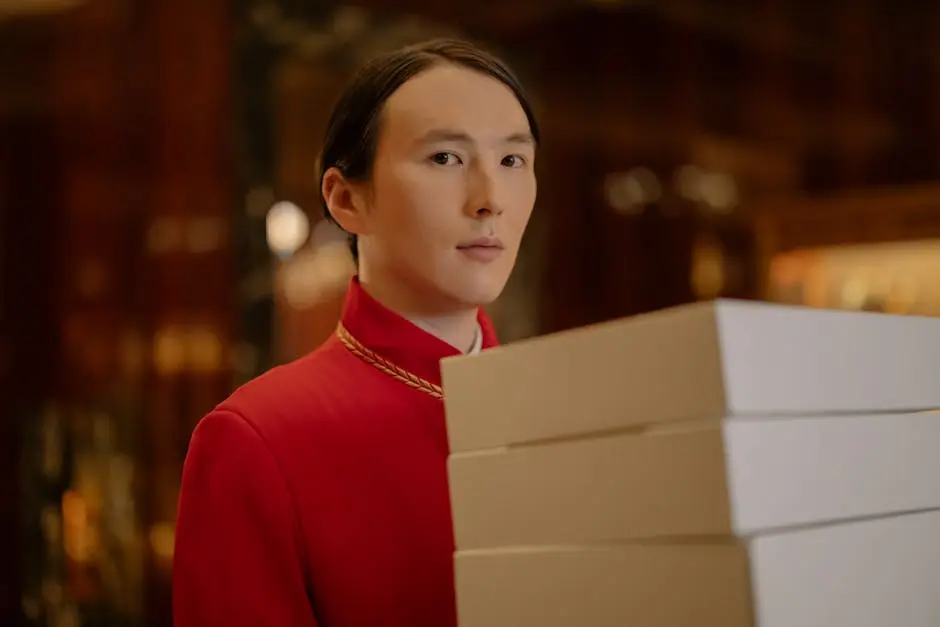 Bellboy in red uniform carrying white packages inside a hotel, highlighting hospitality and service.